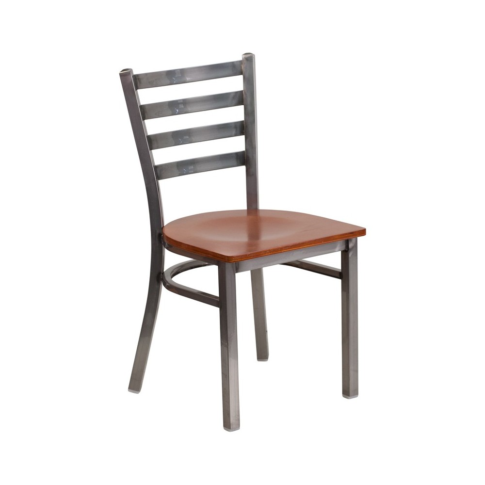 Clear Coated Ladder Back Metal Restaurant Chair - Cherry Wood Seat Clear Coated Ladder Back Metal Restaurant Chair - Cherry Wood Seat