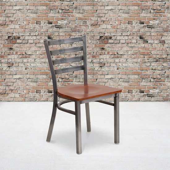 Clear Coated Ladder Back Metal Restaurant Chair - Cherry Wood Seat