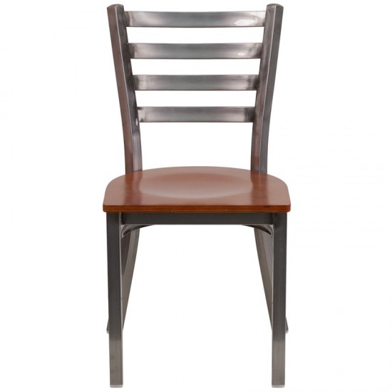 Clear Coated Ladder Back Metal Restaurant Chair - Cherry Wood Seat