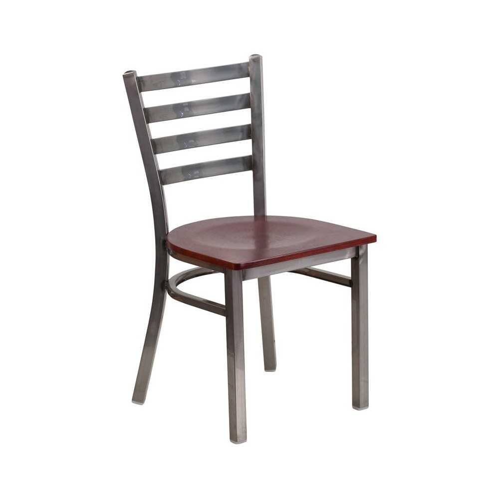 Clear Coated Ladder Back Metal Restaurant Chair - Mahogany Wood Seat