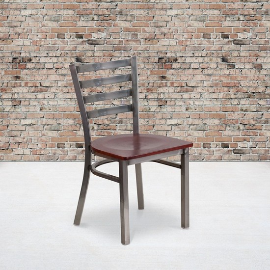 Clear Coated Ladder Back Metal Restaurant Chair - Mahogany Wood Seat