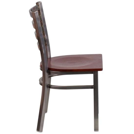 Clear Coated Ladder Back Metal Restaurant Chair - Mahogany Wood Seat