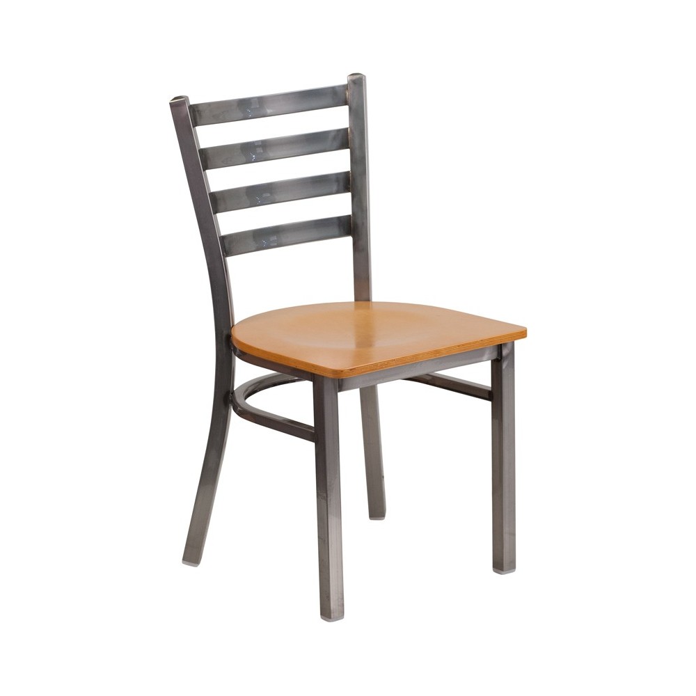Clear Coated Ladder Back Metal Restaurant Chair - Natural Wood Seat Clear Coated Ladder Back Metal Restaurant Chair - Natural Wood Seat