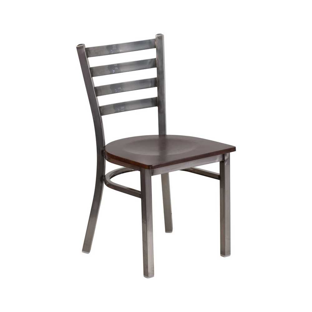 Clear Coated Ladder Back Metal Restaurant Chair - Walnut Wood Seat