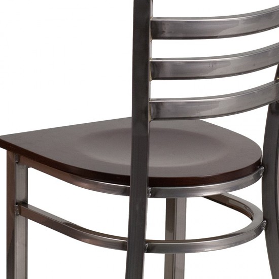 Clear Coated Ladder Back Metal Restaurant Chair - Walnut Wood Seat