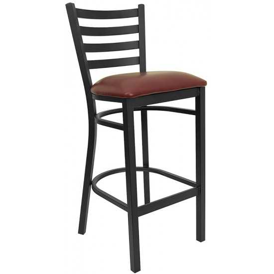 Black Ladder Back Metal Restaurant Barstool - Burgundy Vinyl Seat