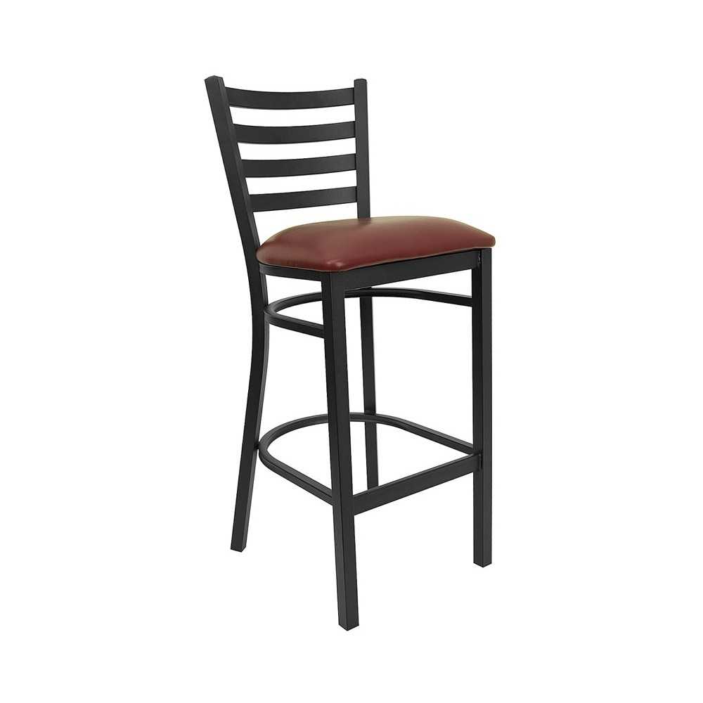 Black Ladder Back Metal Restaurant Barstool - Burgundy Vinyl Seat