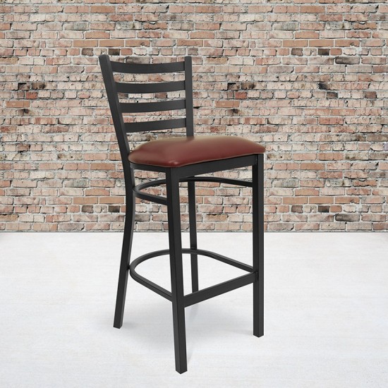 Black Ladder Back Metal Restaurant Barstool - Burgundy Vinyl Seat