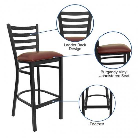 Black Ladder Back Metal Restaurant Barstool - Burgundy Vinyl Seat