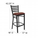 Black Ladder Back Metal Restaurant Barstool - Burgundy Vinyl Seat