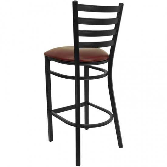 Black Ladder Back Metal Restaurant Barstool - Burgundy Vinyl Seat