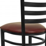 Black Ladder Back Metal Restaurant Barstool - Burgundy Vinyl Seat