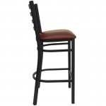 Black Ladder Back Metal Restaurant Barstool - Burgundy Vinyl Seat