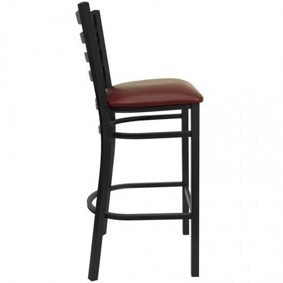 Black Ladder Back Metal Restaurant Barstool - Burgundy Vinyl Seat