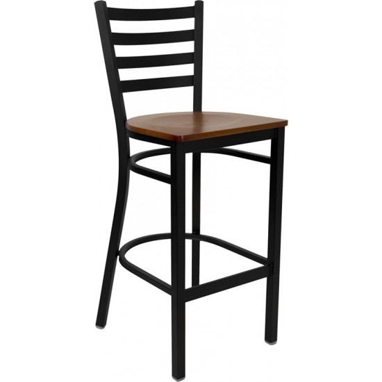 Black Ladder Back Metal Restaurant Barstool - Cherry Wood Seat