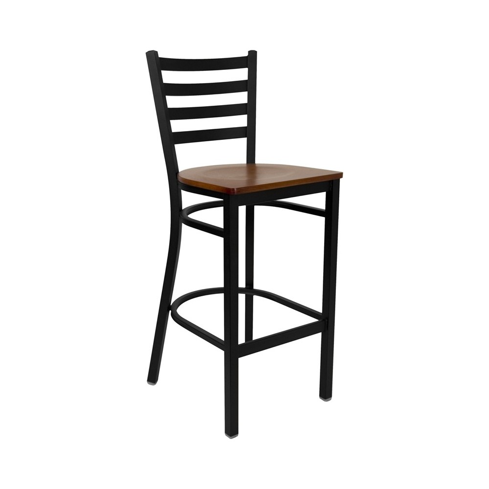 Black Ladder Back Metal Restaurant Barstool - Cherry Wood Seat