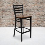 Black Ladder Back Metal Restaurant Barstool - Cherry Wood Seat