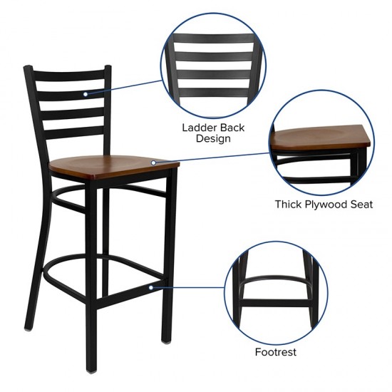 Black Ladder Back Metal Restaurant Barstool - Cherry Wood Seat