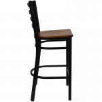 Black Ladder Back Metal Restaurant Barstool - Cherry Wood Seat