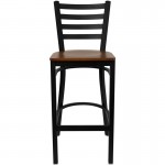 Black Ladder Back Metal Restaurant Barstool - Cherry Wood Seat