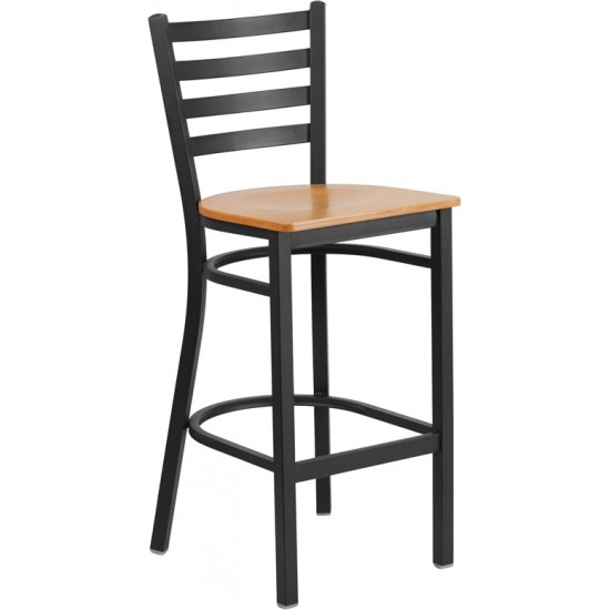 Black Ladder Back Metal Restaurant Barstool - Natural Wood Seat