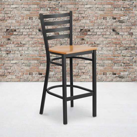 Black Ladder Back Metal Restaurant Barstool - Natural Wood Seat