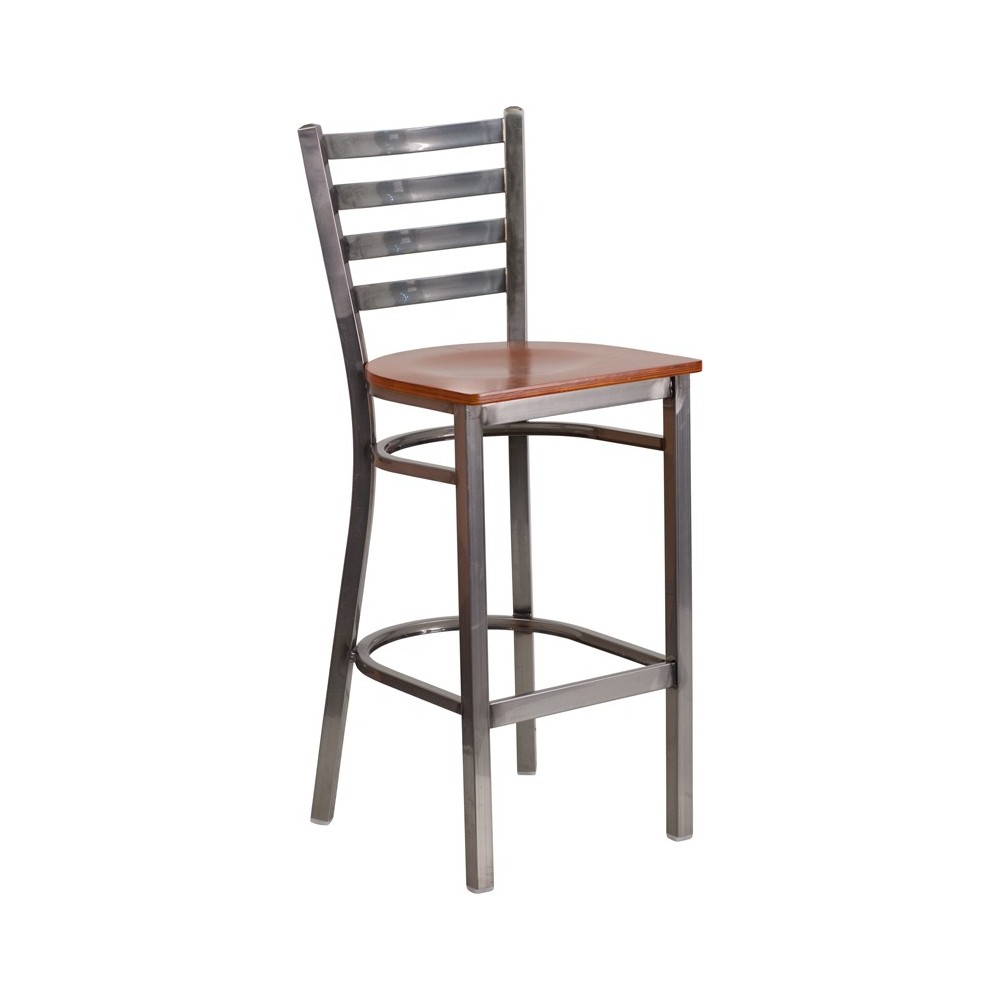 Clear Coated Ladder Back Metal Restaurant Barstool - Cherry Wood Seat