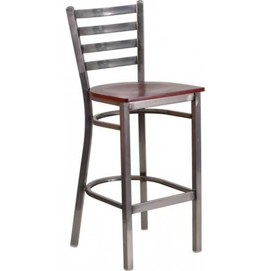 Clear Coated Ladder Back Metal Restaurant Barstool - Mahogany Wood Seat