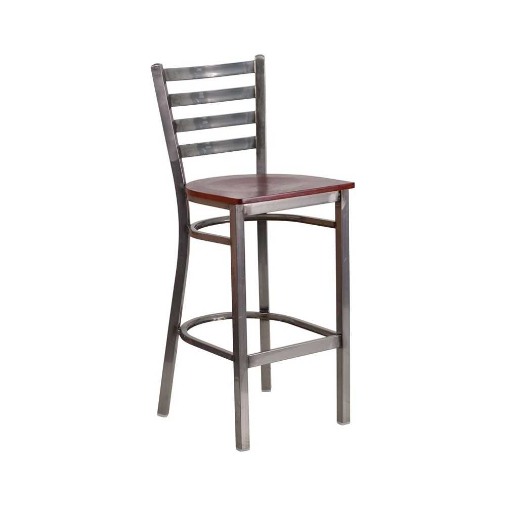 Clear Coated Ladder Back Metal Restaurant Barstool - Mahogany Wood Seat Clear Coated Ladder Back Metal Restaurant Barstool - Mahogany Wood Seat