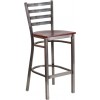 Clear Coated Ladder Back Metal Restaurant Barstool - Mahogany Wood Seat