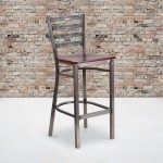 Clear Coated Ladder Back Metal Restaurant Barstool - Mahogany Wood Seat
