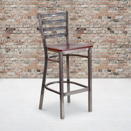 Clear Coated Ladder Back Metal Restaurant Barstool - Mahogany Wood Seat