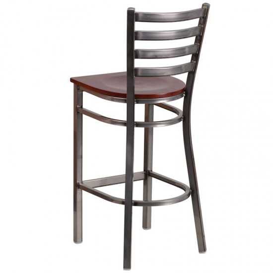 Clear Coated Ladder Back Metal Restaurant Barstool - Mahogany Wood Seat