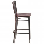 Clear Coated Ladder Back Metal Restaurant Barstool - Mahogany Wood Seat