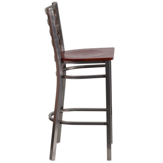 Clear Coated Ladder Back Metal Restaurant Barstool - Mahogany Wood Seat