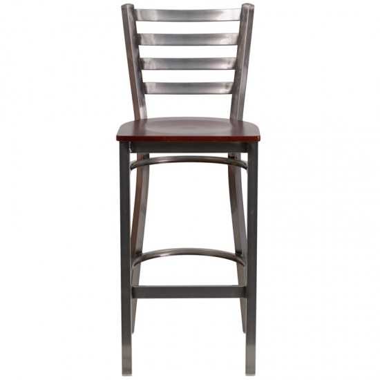 Clear Coated Ladder Back Metal Restaurant Barstool - Mahogany Wood Seat