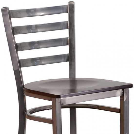 Clear Coated Ladder Back Metal Restaurant Barstool - Walnut Wood Seat