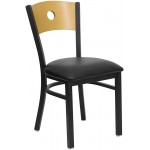 Black Circle Back Metal Restaurant Chair - Natural Wood Back, Black Vinyl Seat