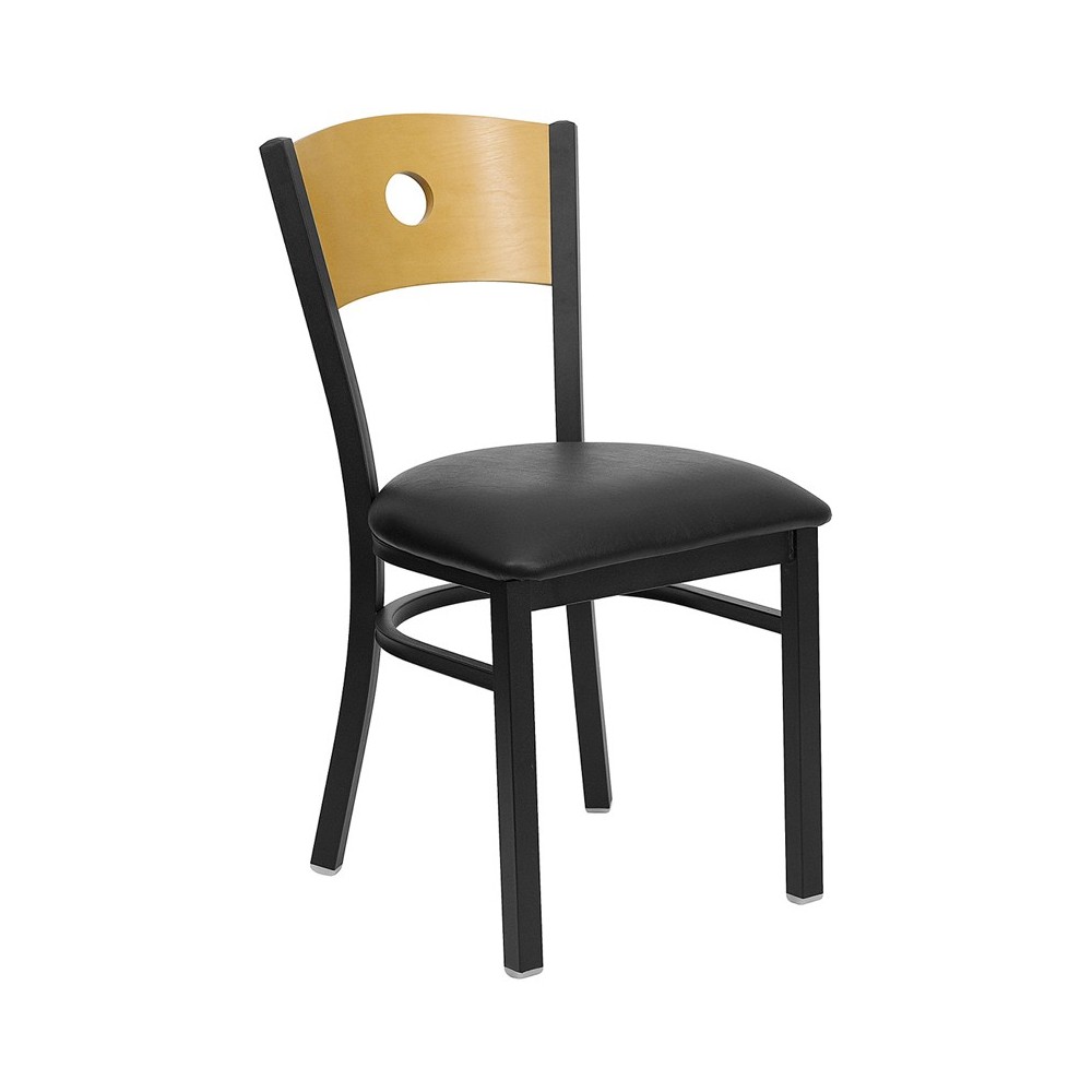 Black Circle Back Metal Restaurant Chair - Natural Wood Back, Black Vinyl Seat