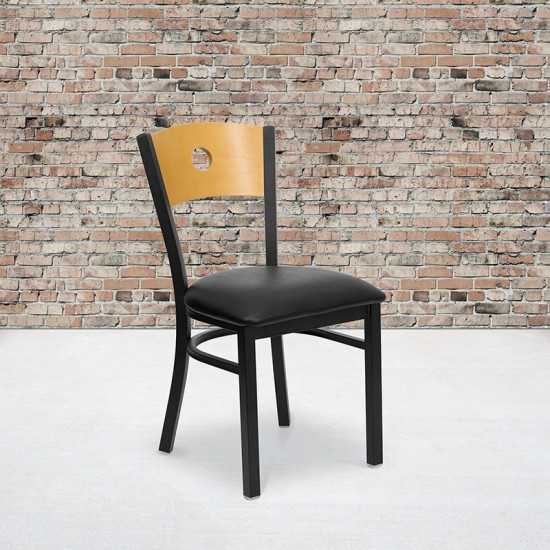 Black Circle Back Metal Restaurant Chair - Natural Wood Back, Black Vinyl Seat