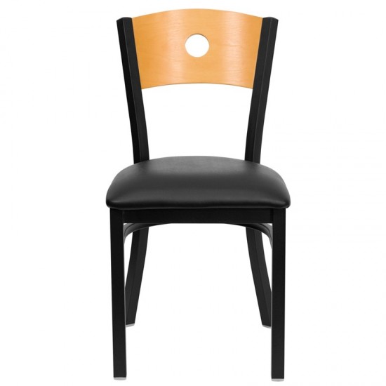 Black Circle Back Metal Restaurant Chair - Natural Wood Back, Black Vinyl Seat