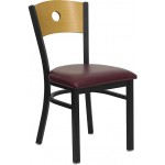 Black Circle Back Metal Restaurant Chair - Natural Wood Back, Burgundy Vinyl Seat