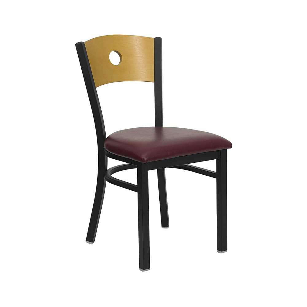 Black Circle Back Metal Restaurant Chair - Natural Wood Back, Burgundy Vinyl Seat