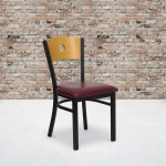 Black Circle Back Metal Restaurant Chair - Natural Wood Back, Burgundy Vinyl Seat