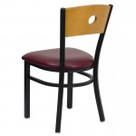 Black Circle Back Metal Restaurant Chair - Natural Wood Back, Burgundy Vinyl Seat