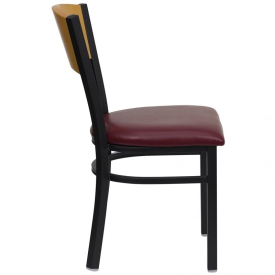 Black Circle Back Metal Restaurant Chair - Natural Wood Back, Burgundy Vinyl Seat