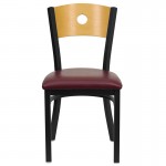 Black Circle Back Metal Restaurant Chair - Natural Wood Back, Burgundy Vinyl Seat