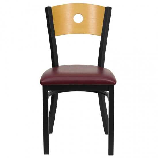 Black Circle Back Metal Restaurant Chair - Natural Wood Back, Burgundy Vinyl Seat