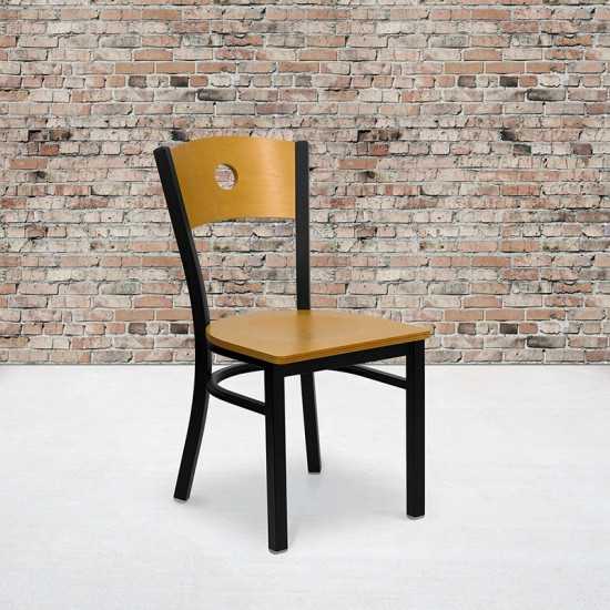 Black Circle Back Metal Restaurant Chair - Natural Wood Back & Seat