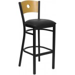 Black Circle Back Metal Restaurant Barstool - Natural Wood Back, Black Vinyl Seat